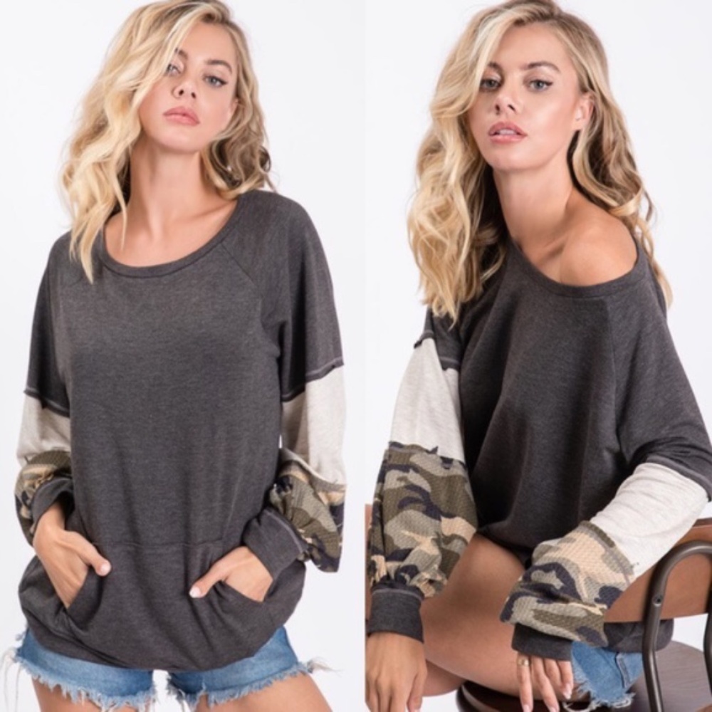 Camo Color block top with pockets